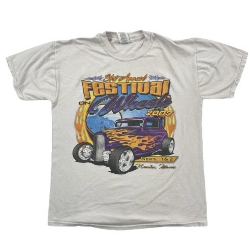 VTG Wheel Festival Graphic Mens Med White Classic Cars Hot Rod Roadsters 90s